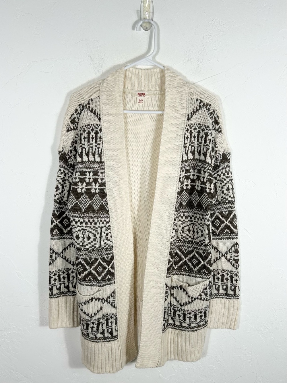 Mossimo Supply Co Fair Isle Geometric Open Front Cardigan Sweater Cream Brown XL